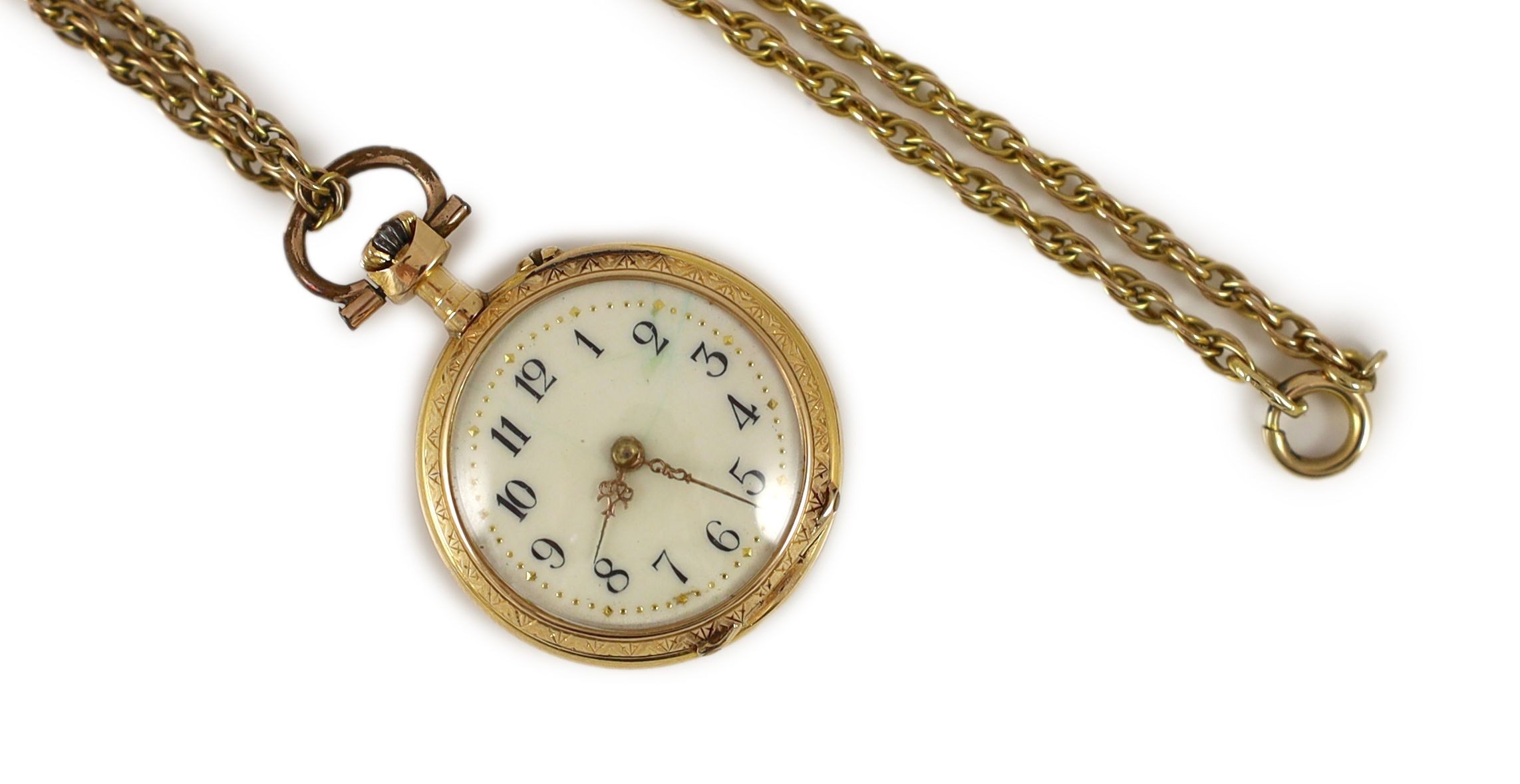 A lady's early 20th century continental 18k gold, red enamel and rose cut diamond set open face fob watch